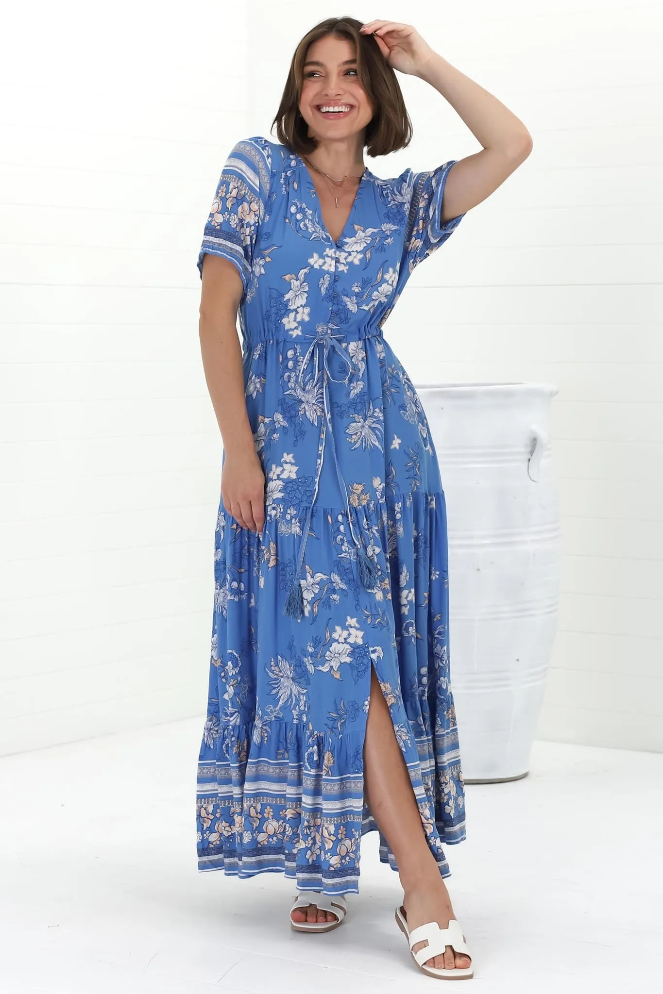 Selva Maxi Dress - Pull Tie Waist with Balloon Sleeves in Adrie Print Blue sold by Salty Crush product image thumbnail 3