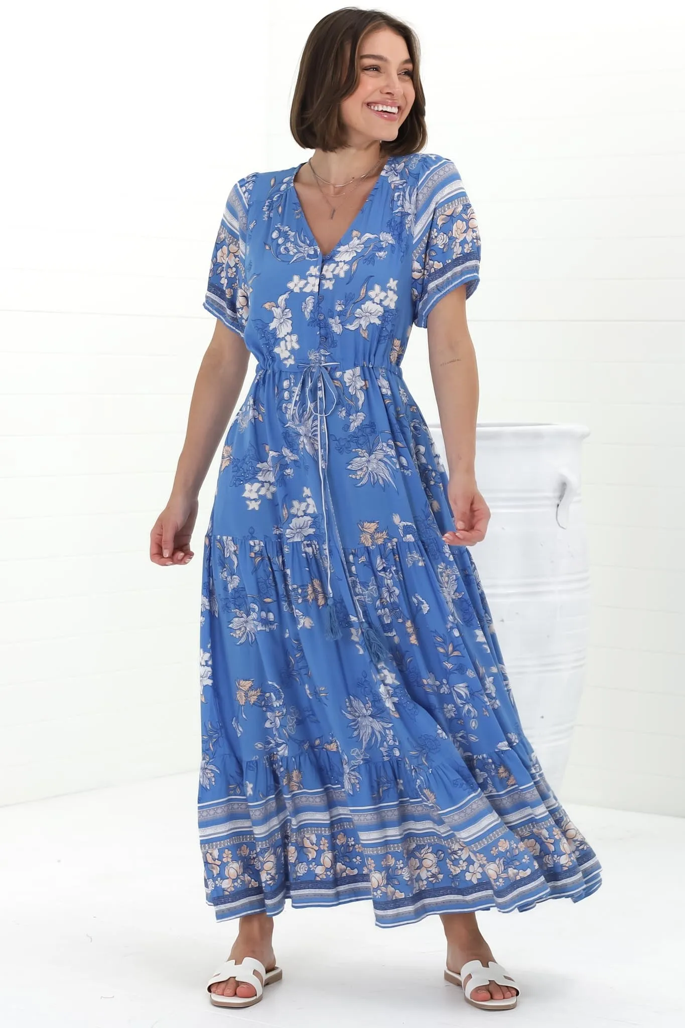 Selva Maxi Dress - Pull Tie Waist with Balloon Sleeves in Adrie Print Blue sold by Salty Crush product image thumbnail 4