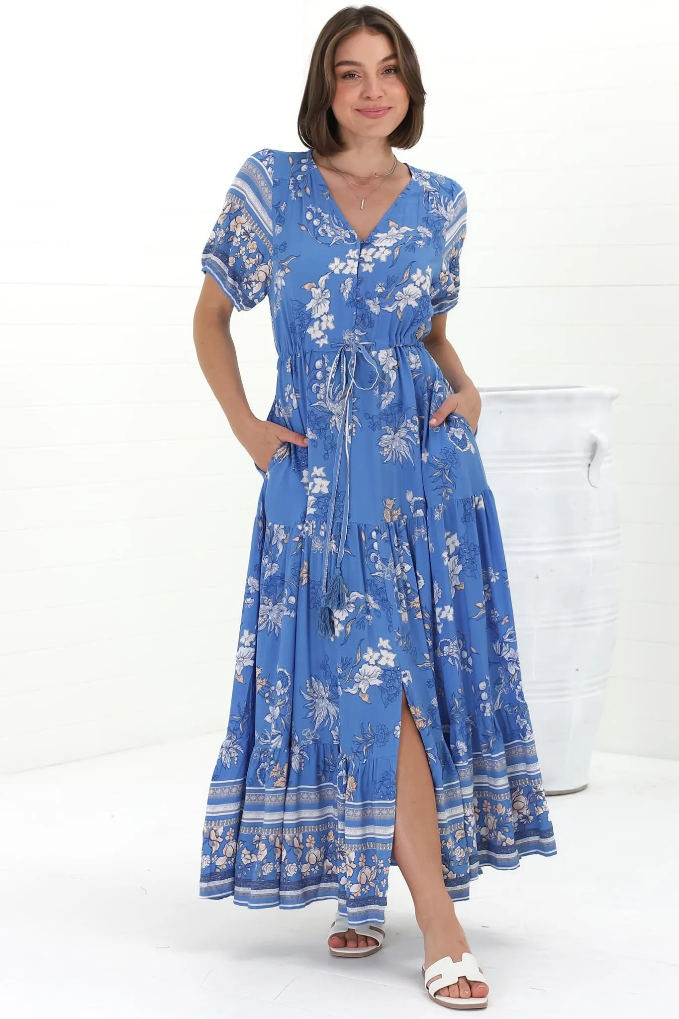 Selva Maxi Dress - Pull Tie Waist with Balloon Sleeves in Adrie Print Blue sold by Salty Crush product image thumbnail 2