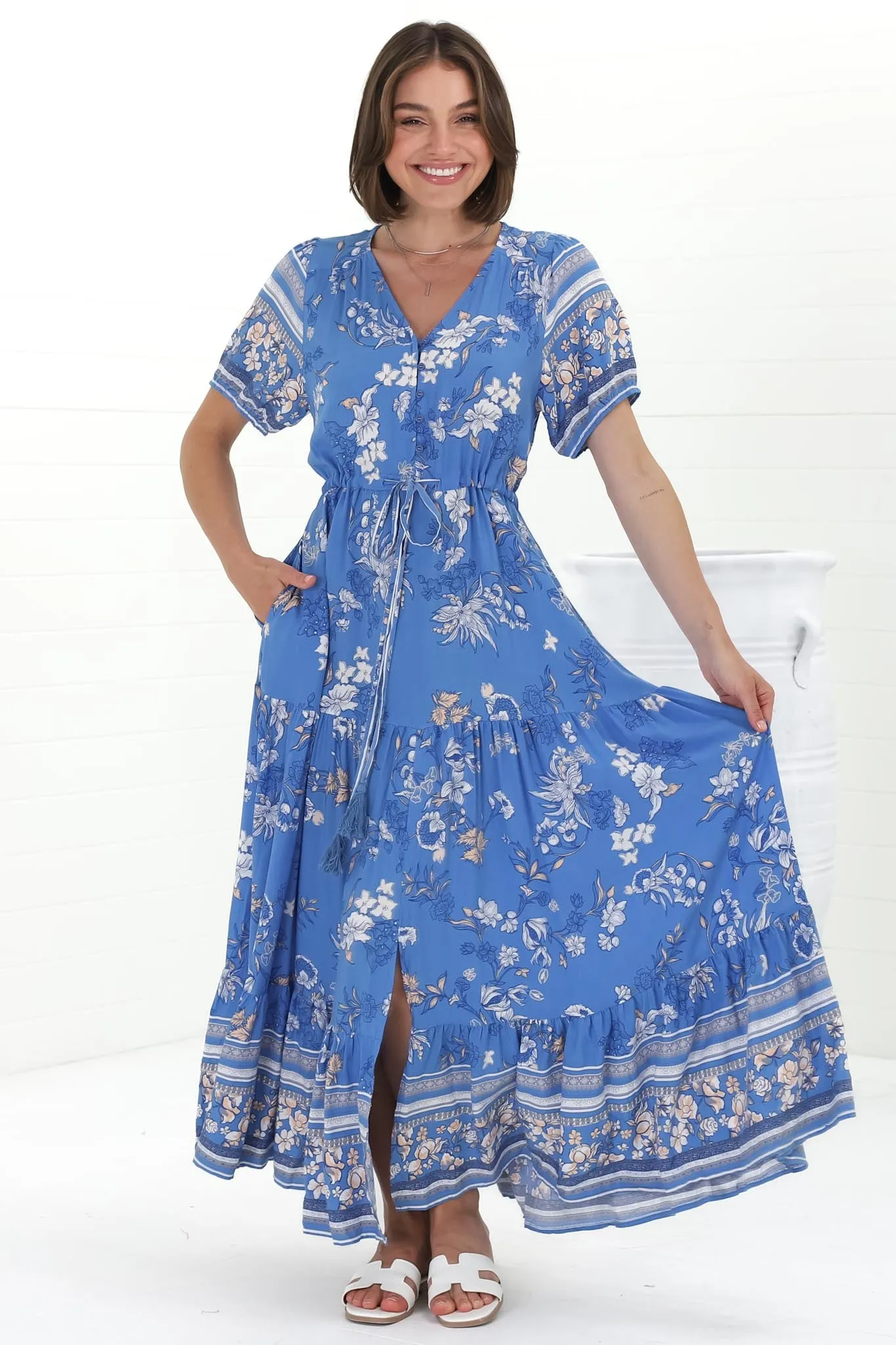 Selva Maxi Dress - Pull Tie Waist with Balloon Sleeves in Adrie Print Blue sold by Salty Crush product image thumbnail 5