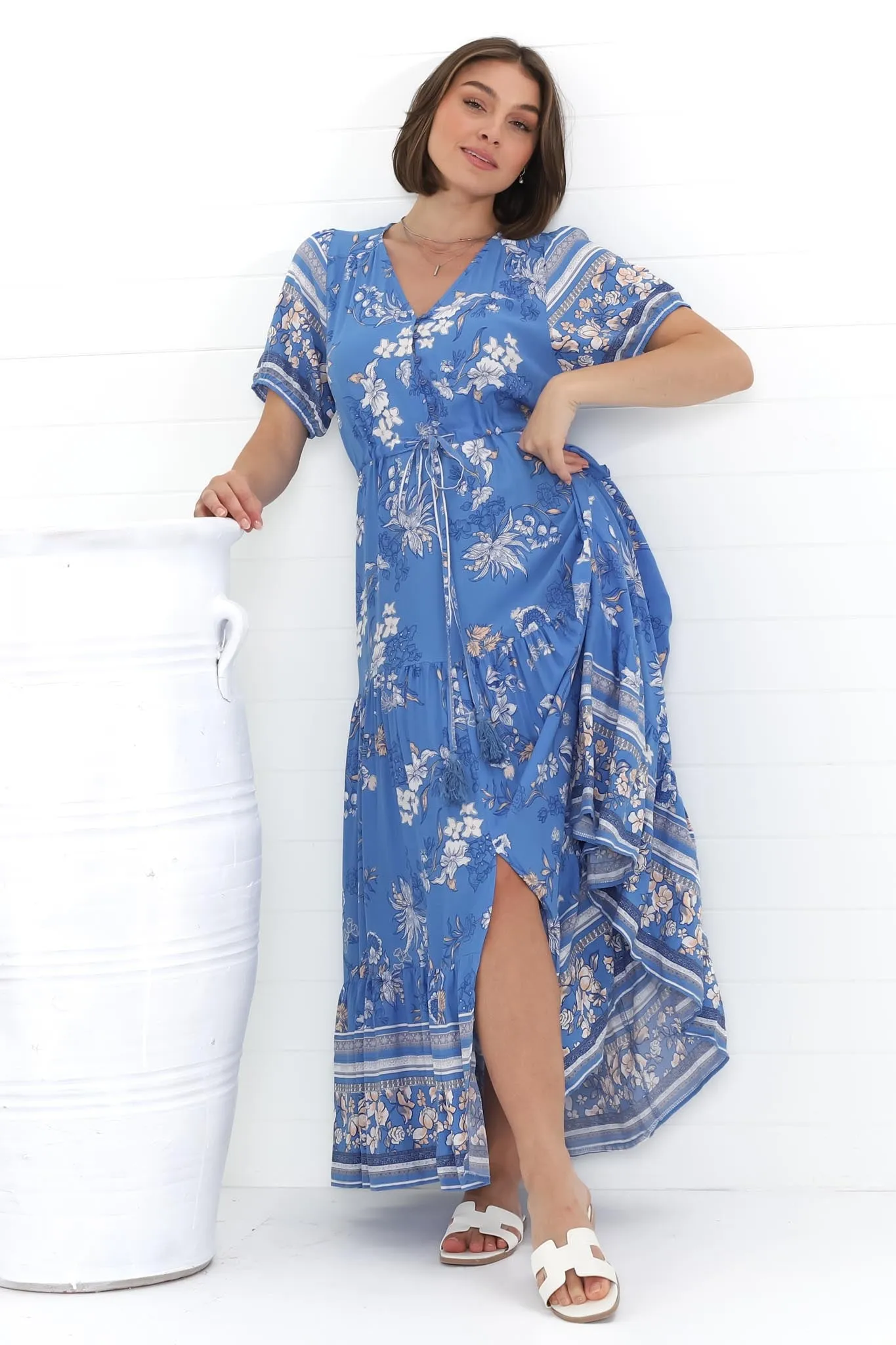 Selva Maxi Dress - Pull Tie Waist with Balloon Sleeves in Adrie Print Blue sold by Salty Crush