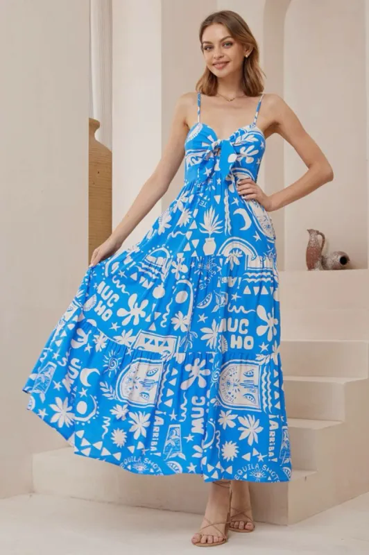 Carlee Maxi Dress - Sun Dress with Bow Detail at the Bust in Morelia Print sold by Salty Crush