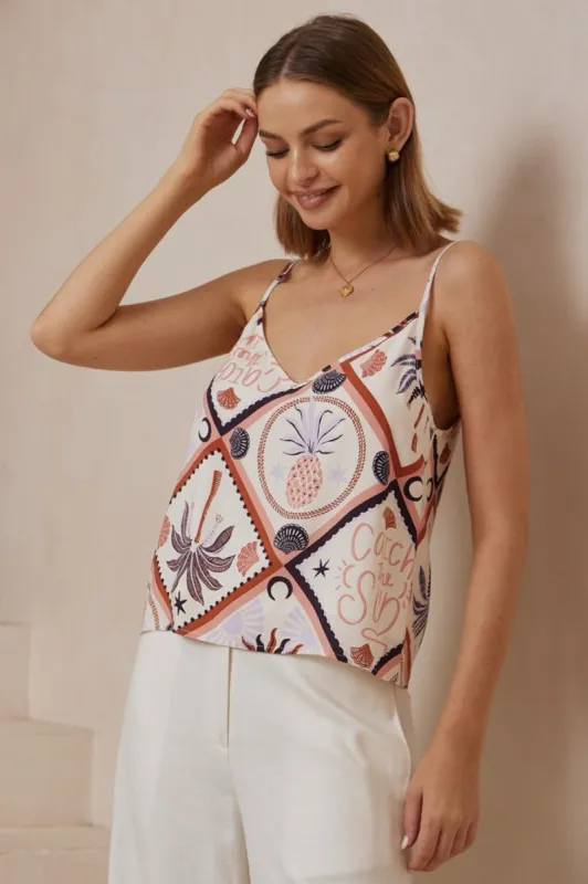 Luno Cami - Relaxed V Neck Adjustable Strap Top in Zaidin Print sold by Salty Crush