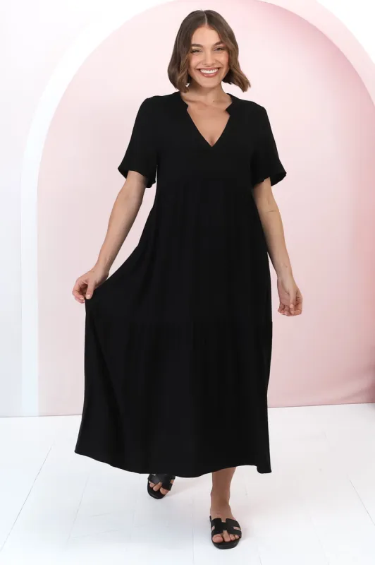 Malyn Midi Dress - Mandarin Collar Tiered Short Sleeve Dress in Black sold by Salty Crush