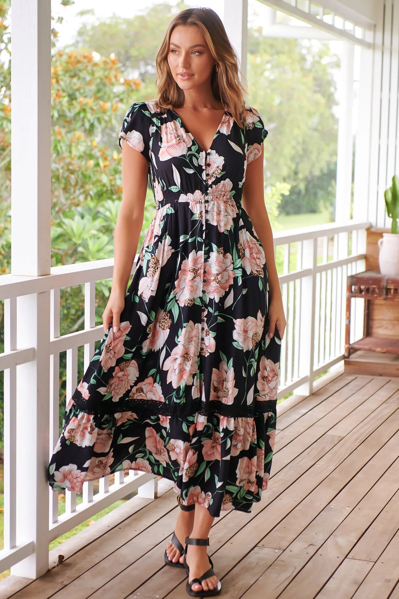 JAASE - Carmen Maxi Dress: Butterfly Cap Sleeve Button Down A Line Dress with Lace Trim in Peach Wildflower Print sold by Salty Crush product image thumbnail 2