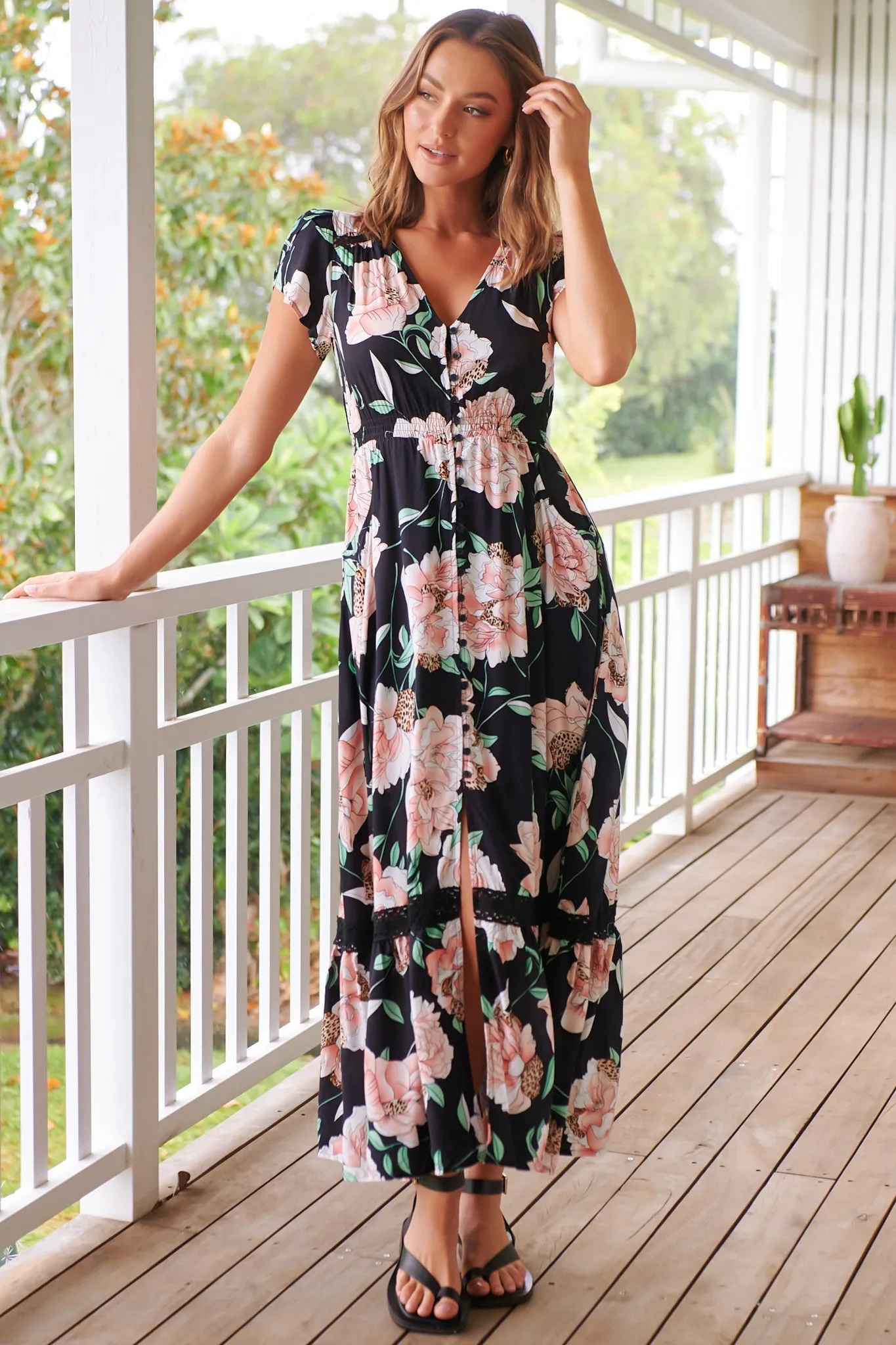 JAASE - Carmen Maxi Dress: Butterfly Cap Sleeve Button Down A Line Dress with Lace Trim in Peach Wildflower Print sold by Salty Crush product image thumbnail 3