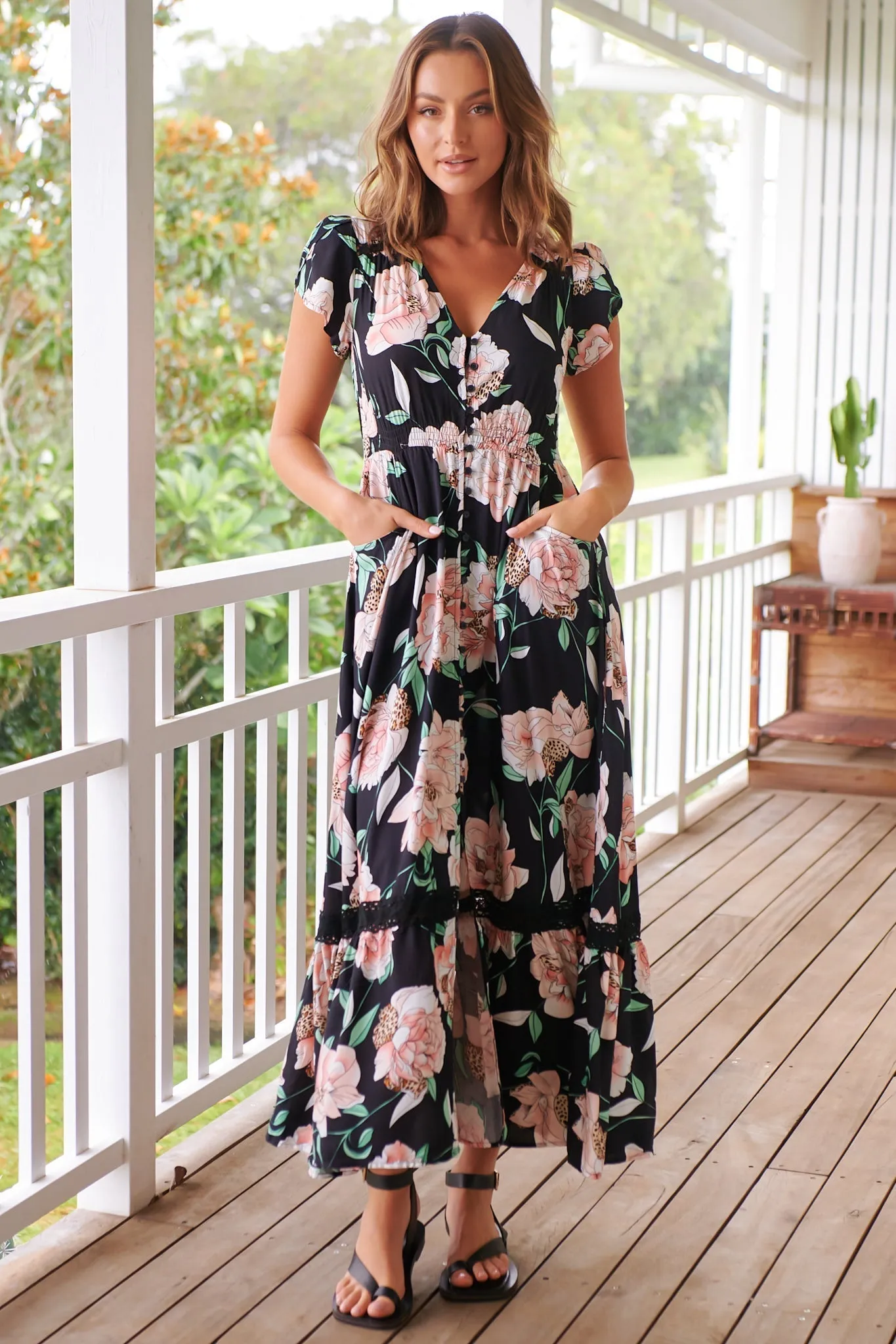 JAASE - Carmen Maxi Dress: Butterfly Cap Sleeve Button Down A Line Dress with Lace Trim in Peach Wildflower Print sold by Salty Crush product image thumbnail 4