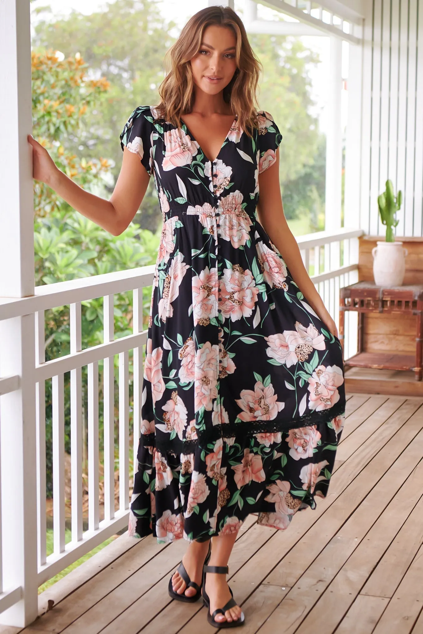 JAASE - Carmen Maxi Dress: Butterfly Cap Sleeve Button Down A Line Dress with Lace Trim in Peach Wildflower Print sold by Salty Crush