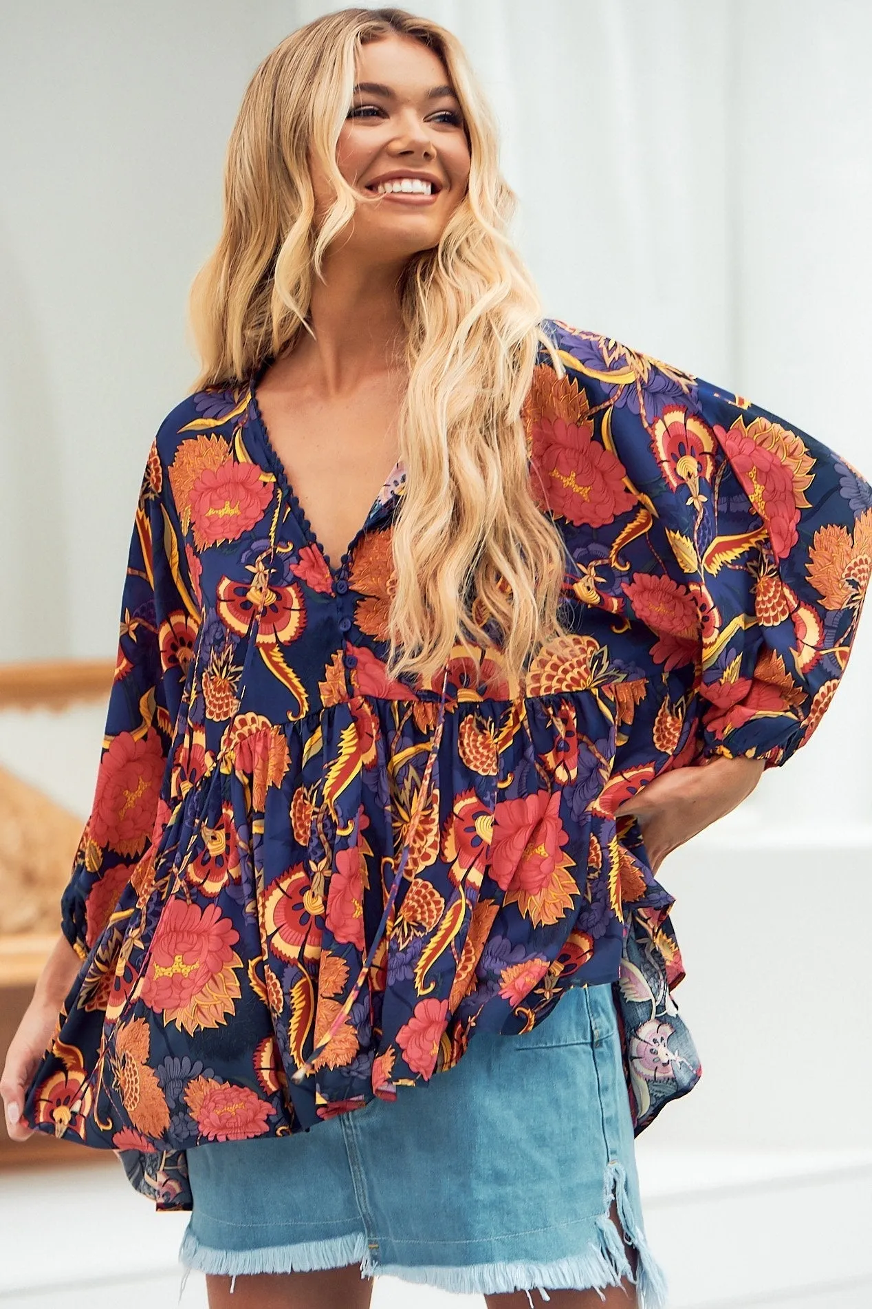 JAASE - Chloe Top: Very Oversized Crochet Trim Neckline Smock Top In Caviar Print sold by Salty Crush product image thumbnail 3