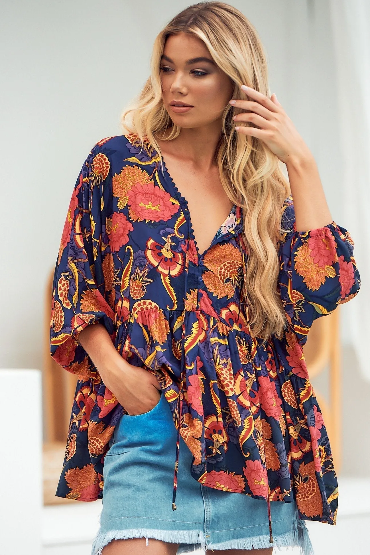 JAASE - Chloe Top: Very Oversized Crochet Trim Neckline Smock Top In Caviar Print sold by Salty Crush