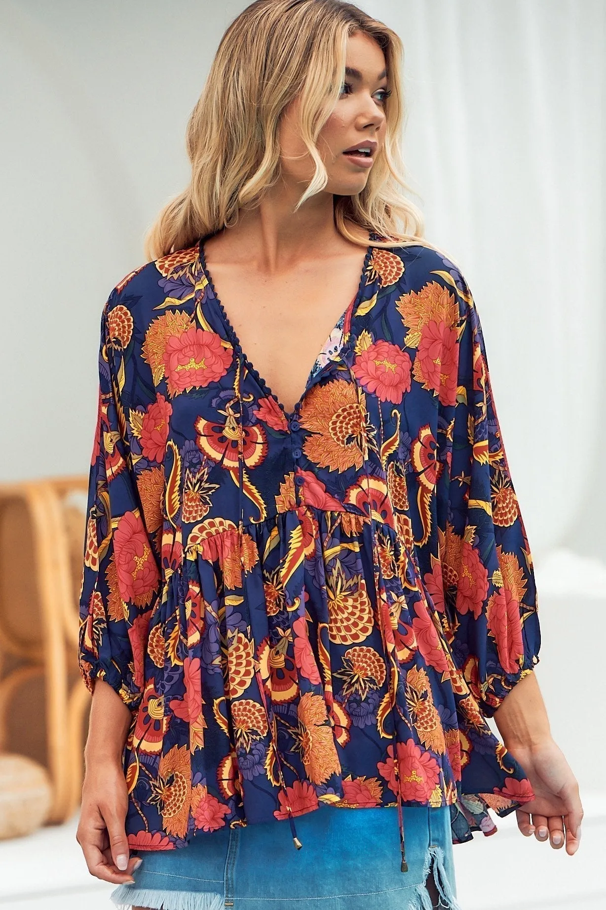 JAASE - Chloe Top: Very Oversized Crochet Trim Neckline Smock Top In Caviar Print sold by Salty Crush product image thumbnail 2