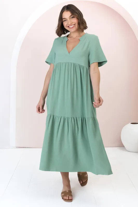 Malyn Midi Dress - Mandarin Collar Tiered Short Sleeve Dress in Green sold by Salty Crush