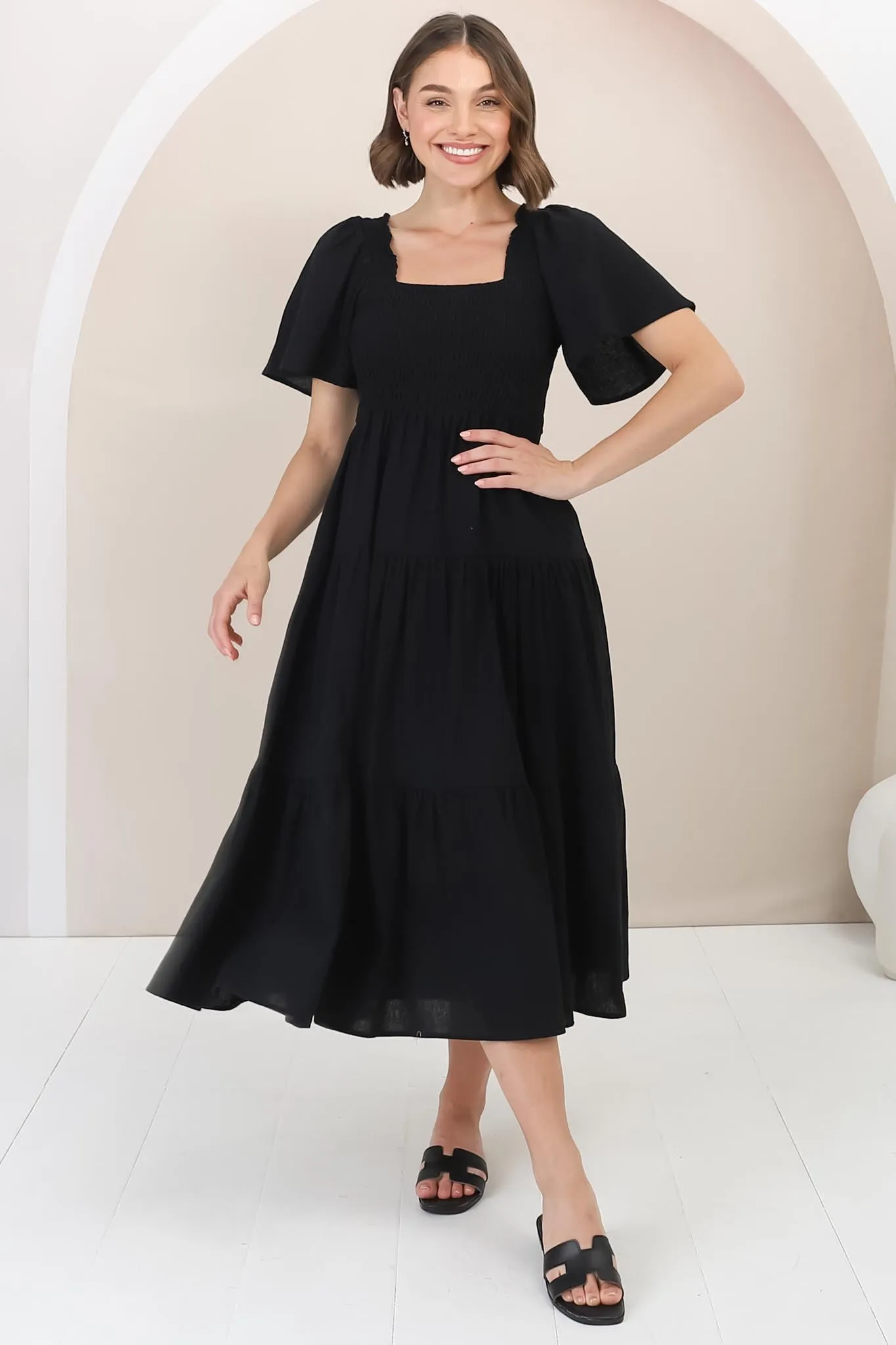 Maraya Midi Dress - Cape Sleeve Elasticated Bodice A-Line Dress in Black sold by Salty Crush product image thumbnail 3