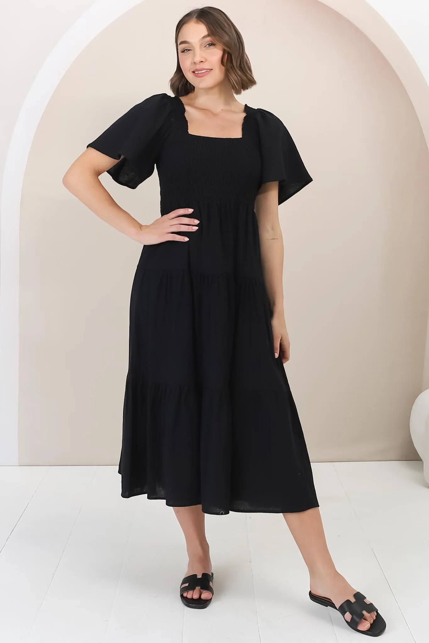 Maraya Midi Dress - Cape Sleeve Elasticated Bodice A-Line Dress in Black sold by Salty Crush product image thumbnail 4