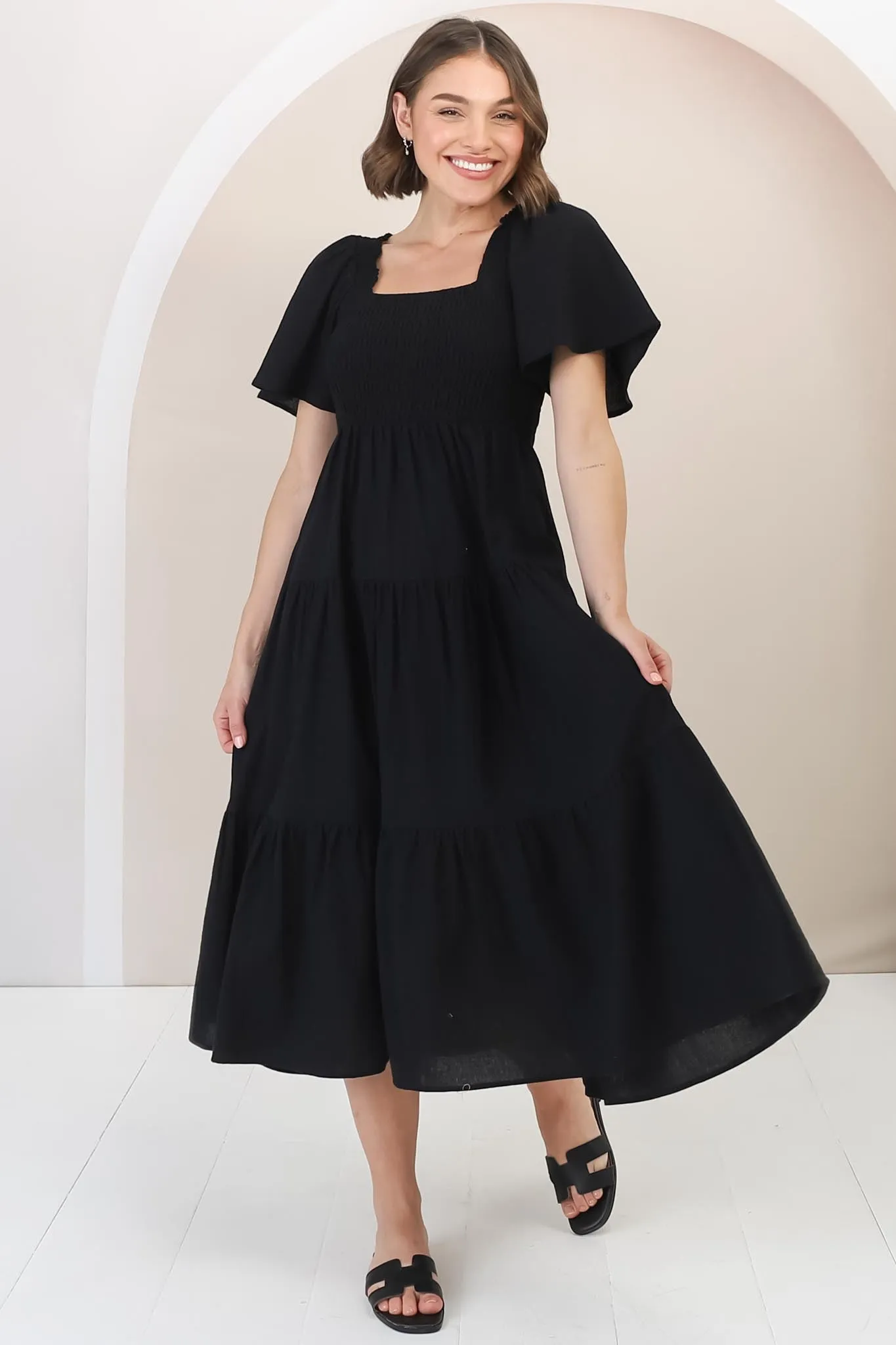 Maraya Midi Dress - Cape Sleeve Elasticated Bodice A-Line Dress in Black sold by Salty Crush product image thumbnail 2