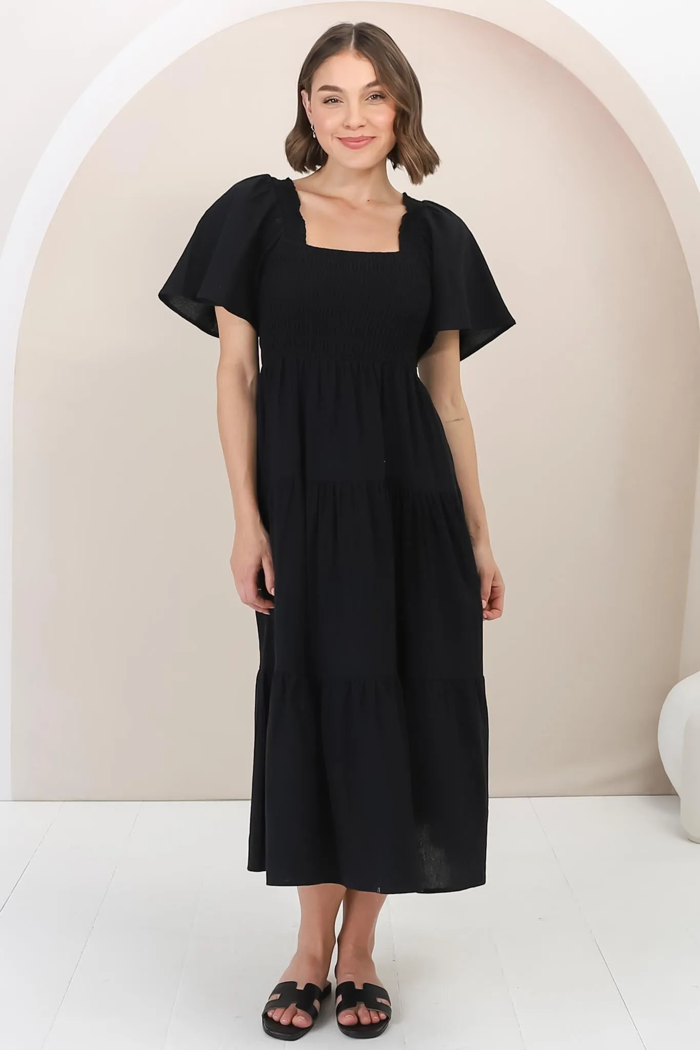 Maraya Midi Dress - Cape Sleeve Elasticated Bodice A-Line Dress in Black sold by Salty Crush product image thumbnail 5