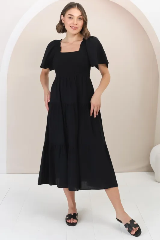 Maraya Midi Dress - Cape Sleeve Elasticated Bodice A-Line Dress in Black sold by Salty Crush