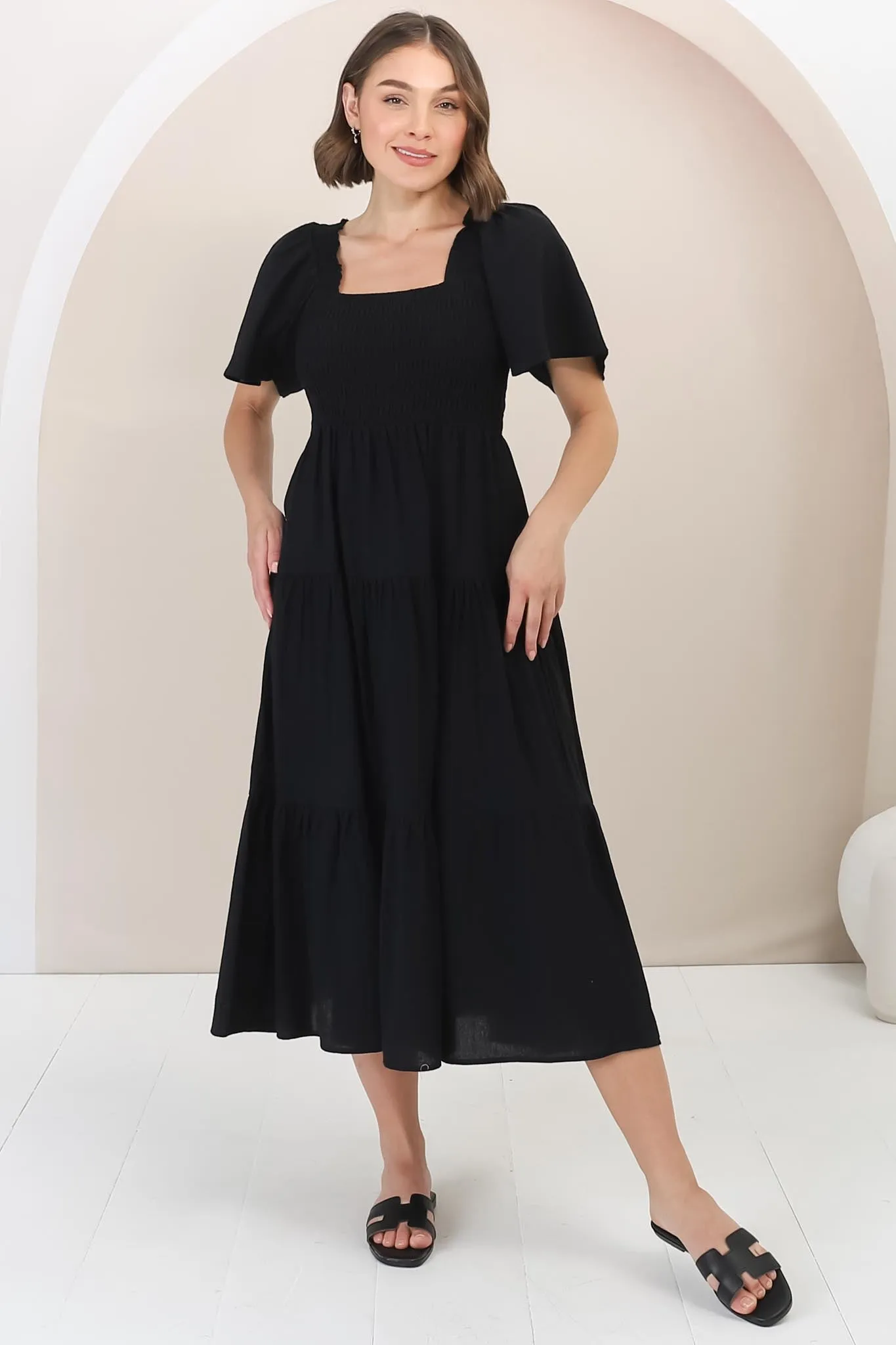 Maraya Midi Dress - Cape Sleeve Elasticated Bodice A-Line Dress in Black sold by Salty Crush