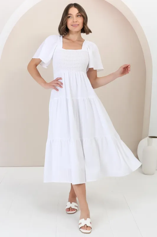 Maraya Midi Dress - Cape Sleeve Elasticated Bodice A-Line Dress in White sold by Salty Crush