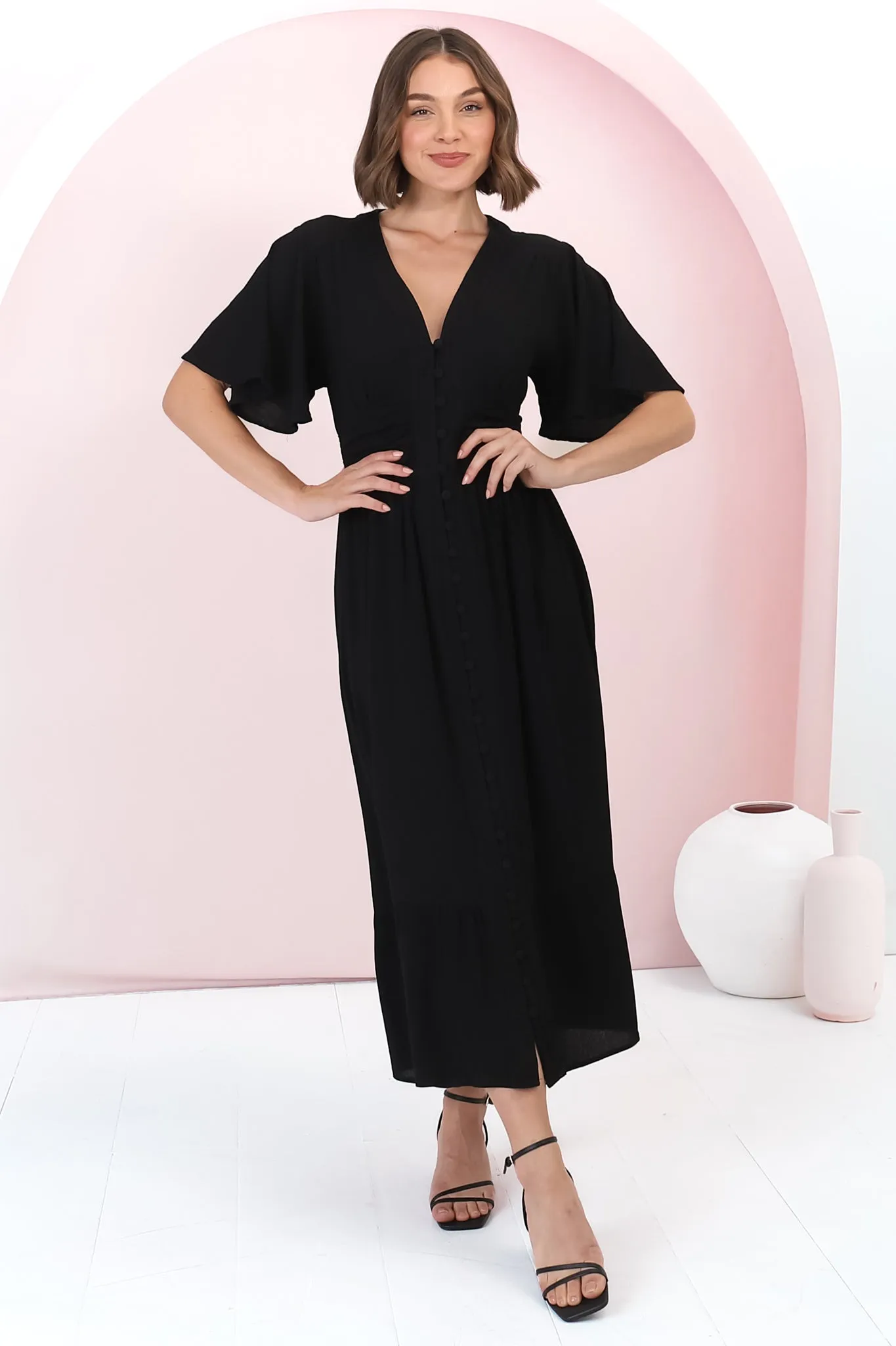 Gaia Midi Dress - Gathered Waist Detailed Dress with Cape Sleeves in Black sold by Salty Crush product image thumbnail 5