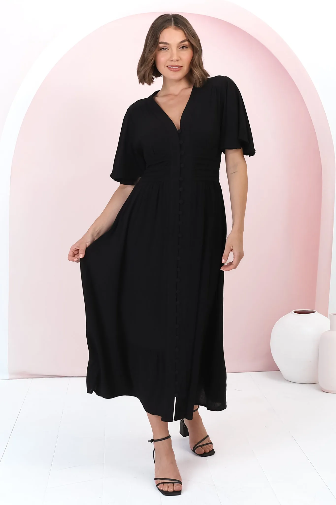 Gaia Midi Dress - Gathered Waist Detailed Dress with Cape Sleeves in Black sold by Salty Crush product image thumbnail 4