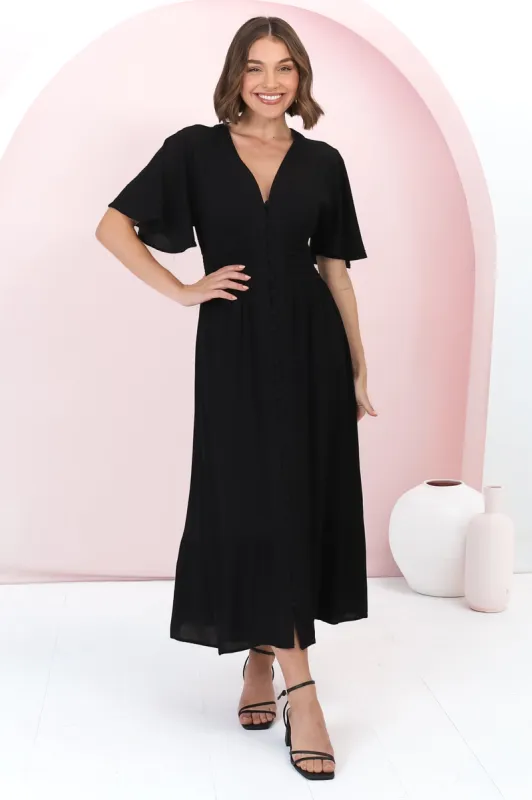 Gaia Midi Dress - Gathered Waist Detailed Dress with Cape Sleeves in Black sold by Salty Crush
