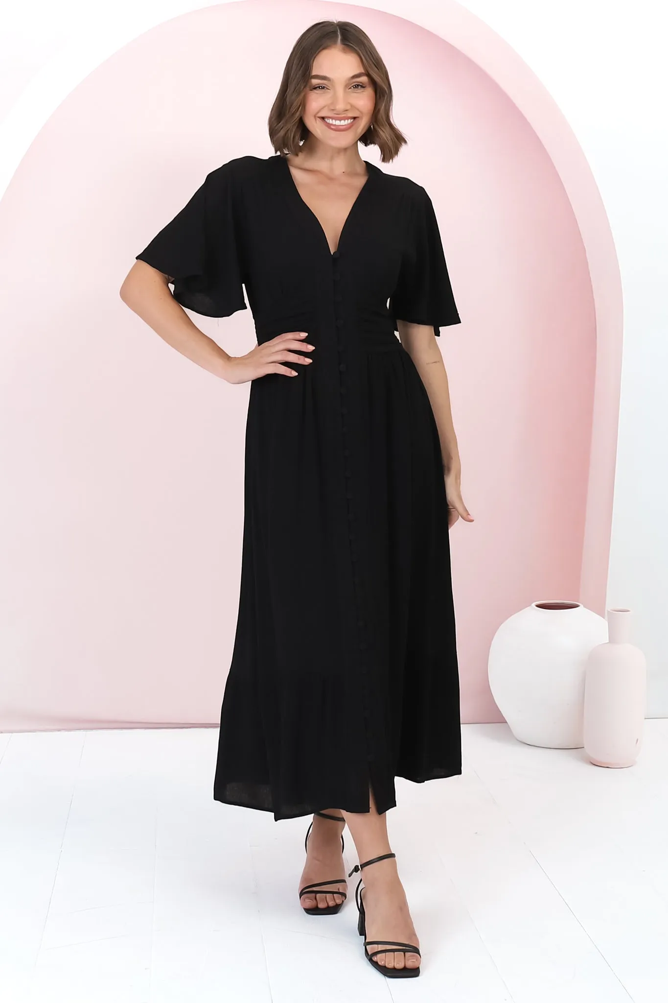 Gaia Midi Dress - Gathered Waist Detailed Dress with Cape Sleeves in Black sold by Salty Crush