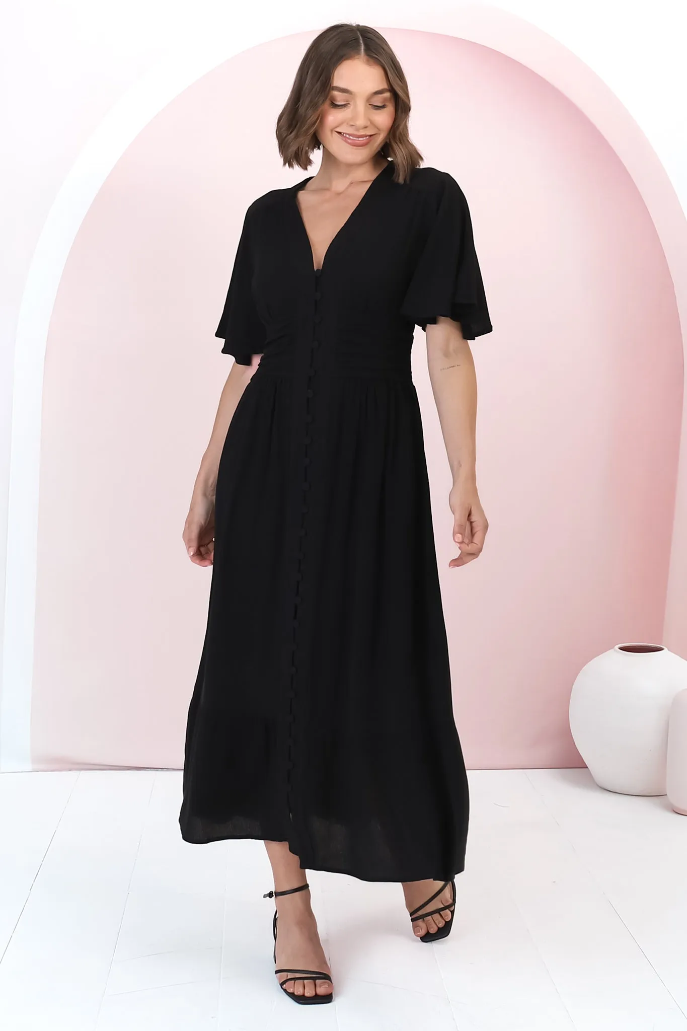Gaia Midi Dress - Gathered Waist Detailed Dress with Cape Sleeves in Black sold by Salty Crush product image thumbnail 3