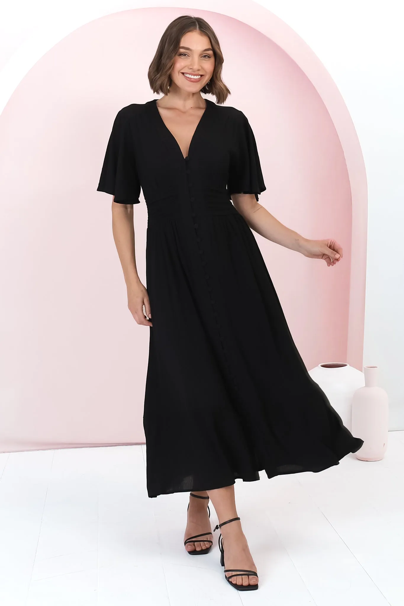 Gaia Midi Dress - Gathered Waist Detailed Dress with Cape Sleeves in Black sold by Salty Crush product image thumbnail 2