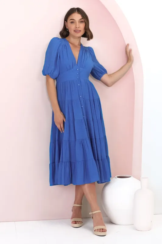 Divya Midi Dress - V Neck Button Through Dress With Balloon Sleeves in Cobalt Blue sold by Salty Crush