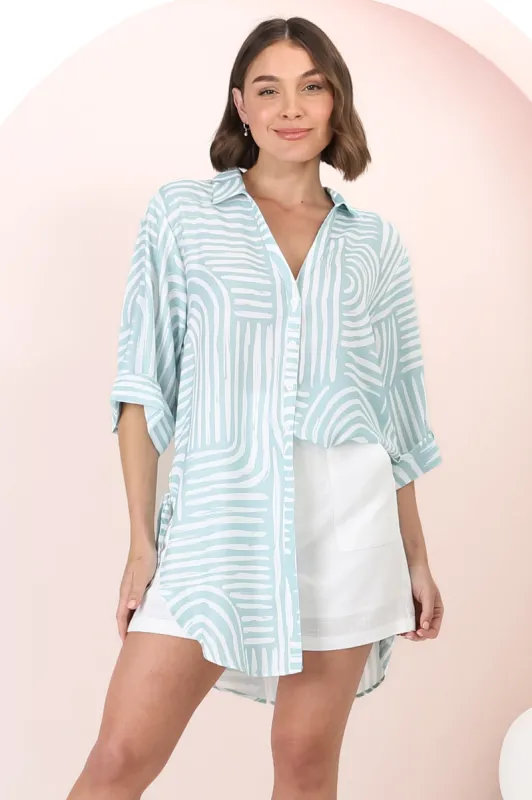 Beachly Shirt - Folded Collar Button Down Relaxed Shirt in Hansel Print Blue sold by Salty Crush
