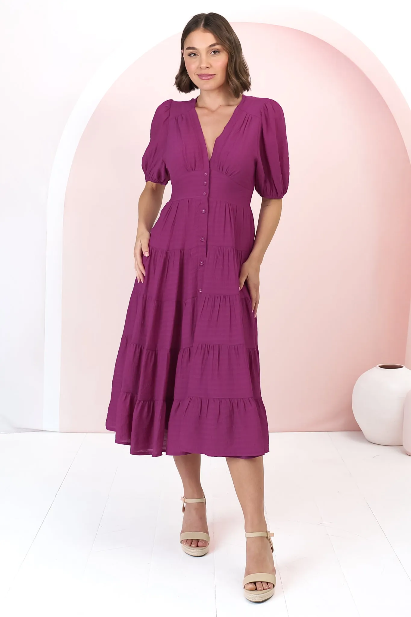 Divya Midi Dress - V Neck Button Through Dress With Ballon Sleeves in Magenta sold by Salty Crush product image thumbnail 3