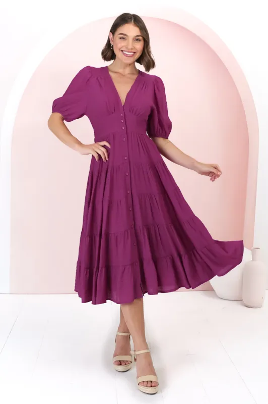 Divya Midi Dress - V Neck Button Through Dress With Ballon Sleeves in Magenta sold by Salty Crush