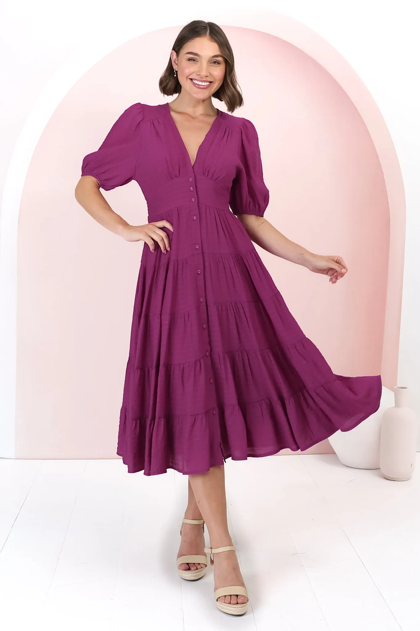 Divya Midi Dress - V Neck Button Through Dress With Ballon Sleeves in Magenta sold by Salty Crush
