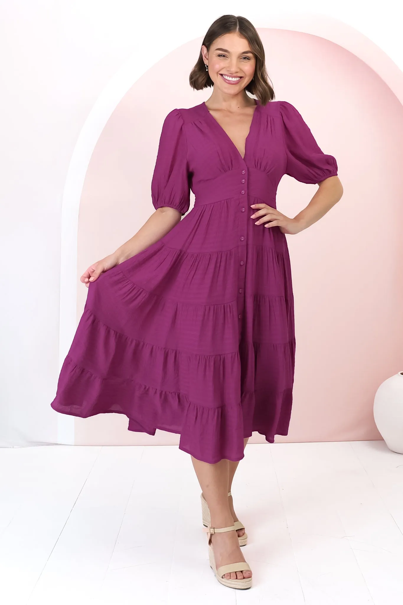 Divya Midi Dress - V Neck Button Through Dress With Ballon Sleeves in Magenta sold by Salty Crush product image thumbnail 4