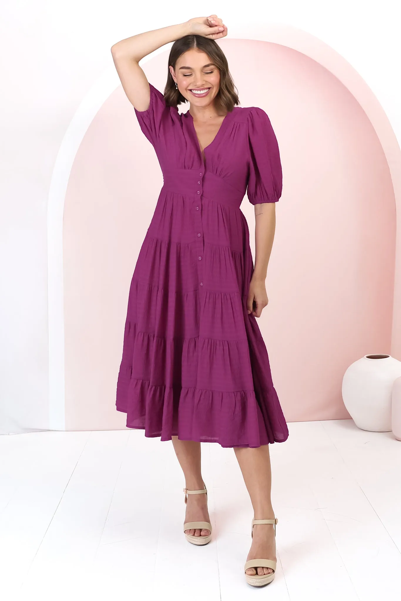 Divya Midi Dress - V Neck Button Through Dress With Ballon Sleeves in Magenta sold by Salty Crush product image thumbnail 5