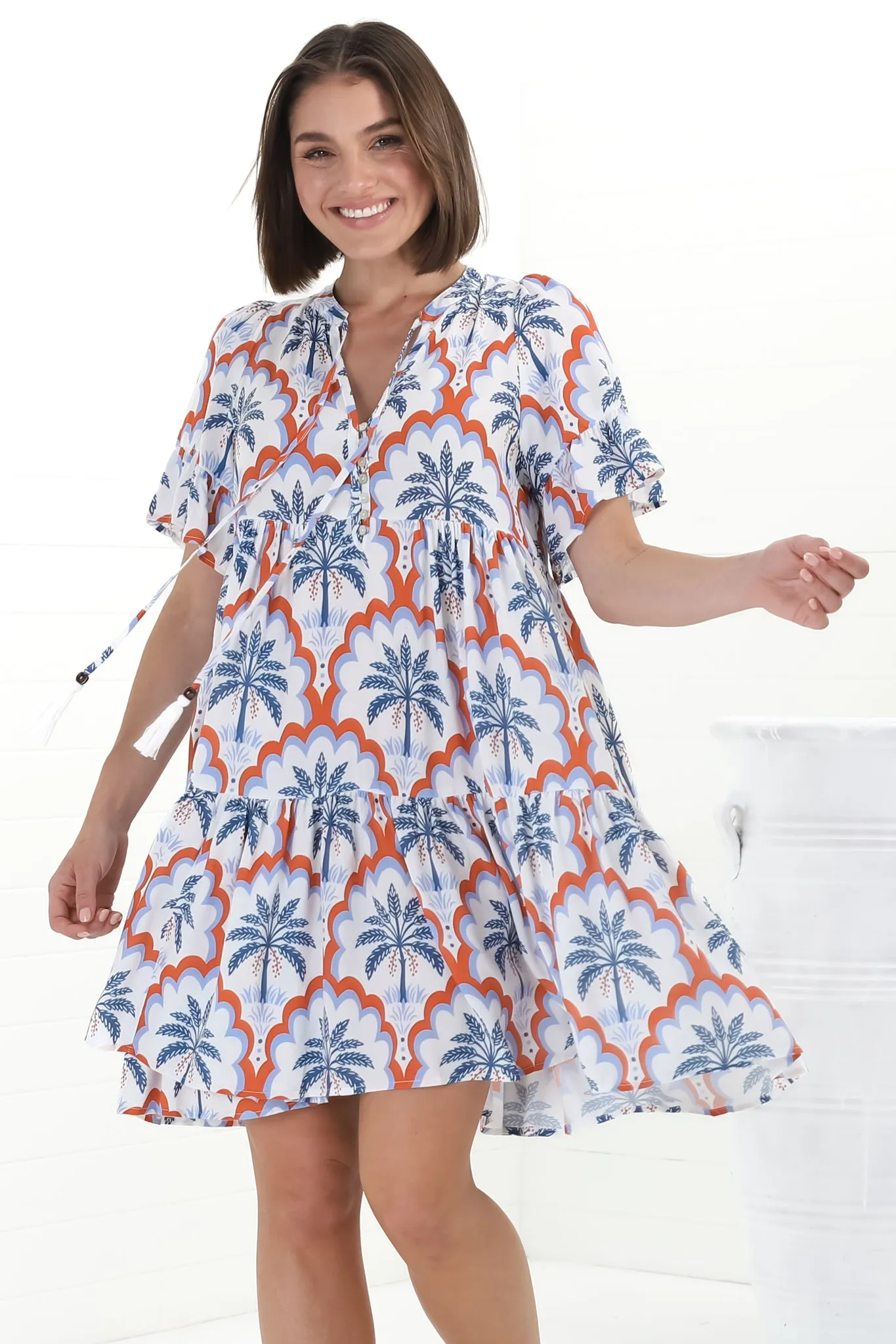 Abilia Mini Dress - Mandarin Collar Buttoned Bodice Smock Dress in Jaiden Print sold by Salty Crush product image thumbnail 4