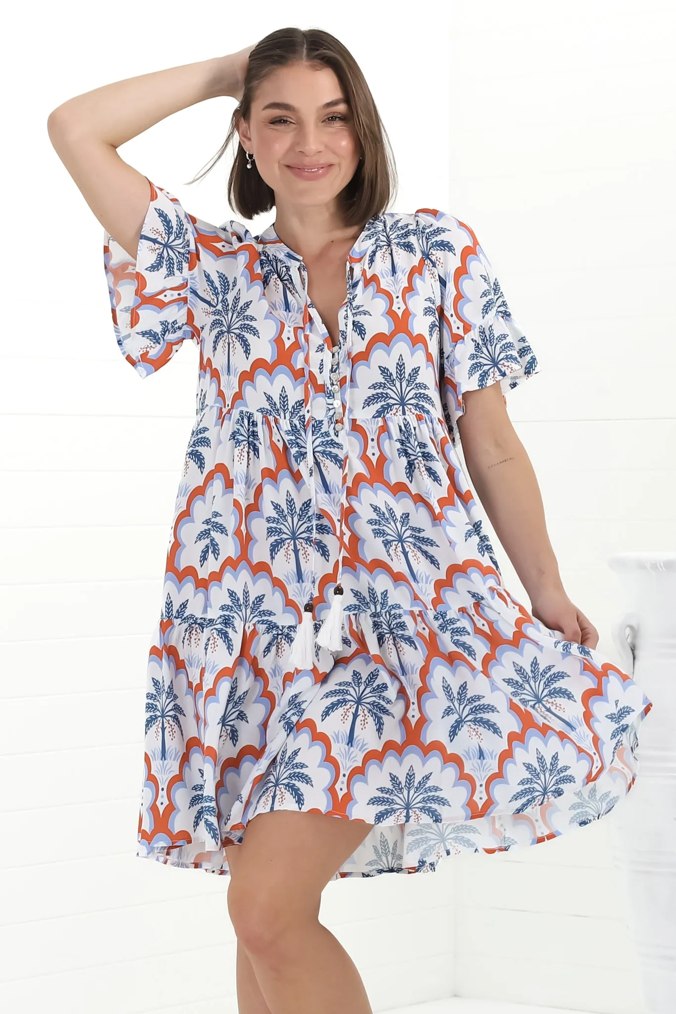 Abilia Mini Dress - Mandarin Collar Buttoned Bodice Smock Dress in Jaiden Print sold by Salty Crush product image thumbnail 2