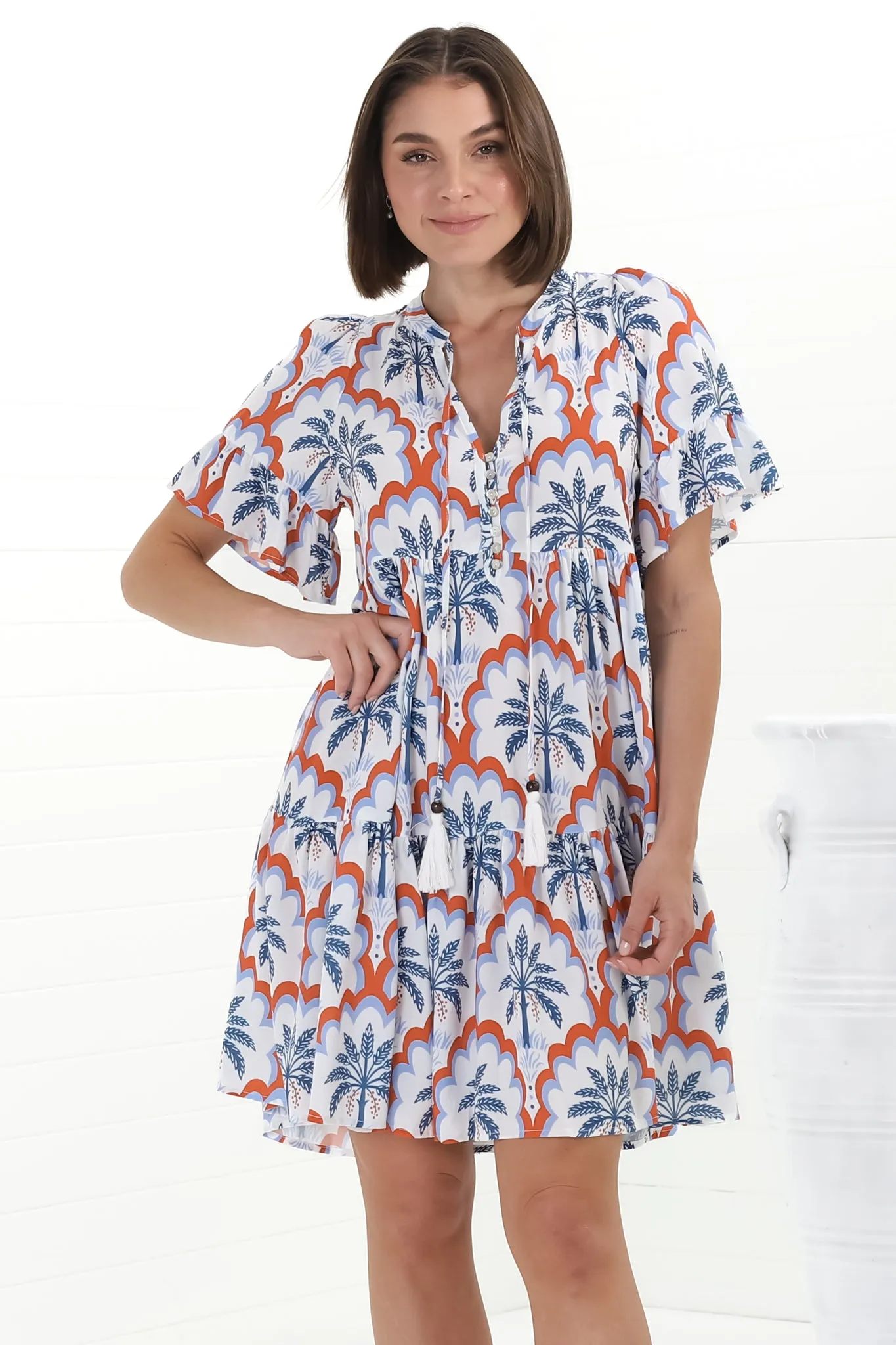 Abilia Mini Dress - Mandarin Collar Buttoned Bodice Smock Dress in Jaiden Print sold by Salty Crush