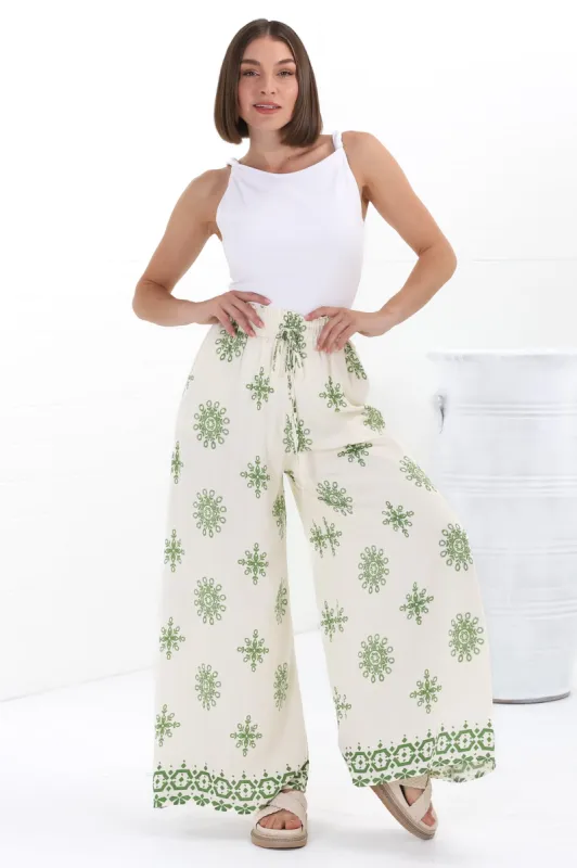 Velman Pants - High Waisted Wide Leg Pants in Capra Print Green sold by Salty Crush