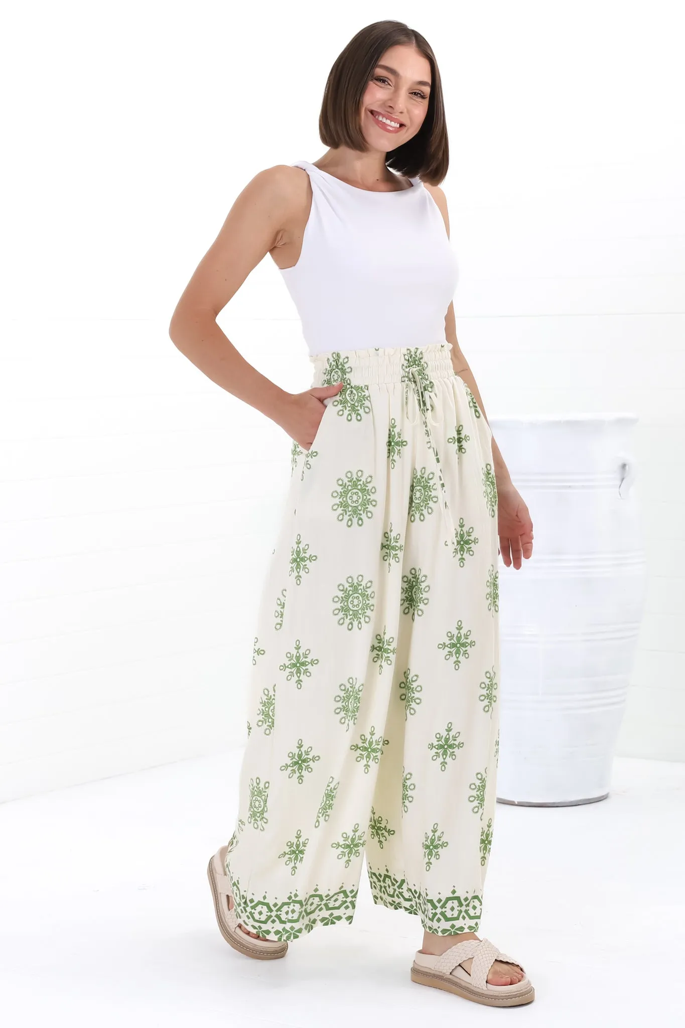 Velman Pants - High Waisted Wide Leg Pants in Capra Print Green sold by Salty Crush product image thumbnail 4