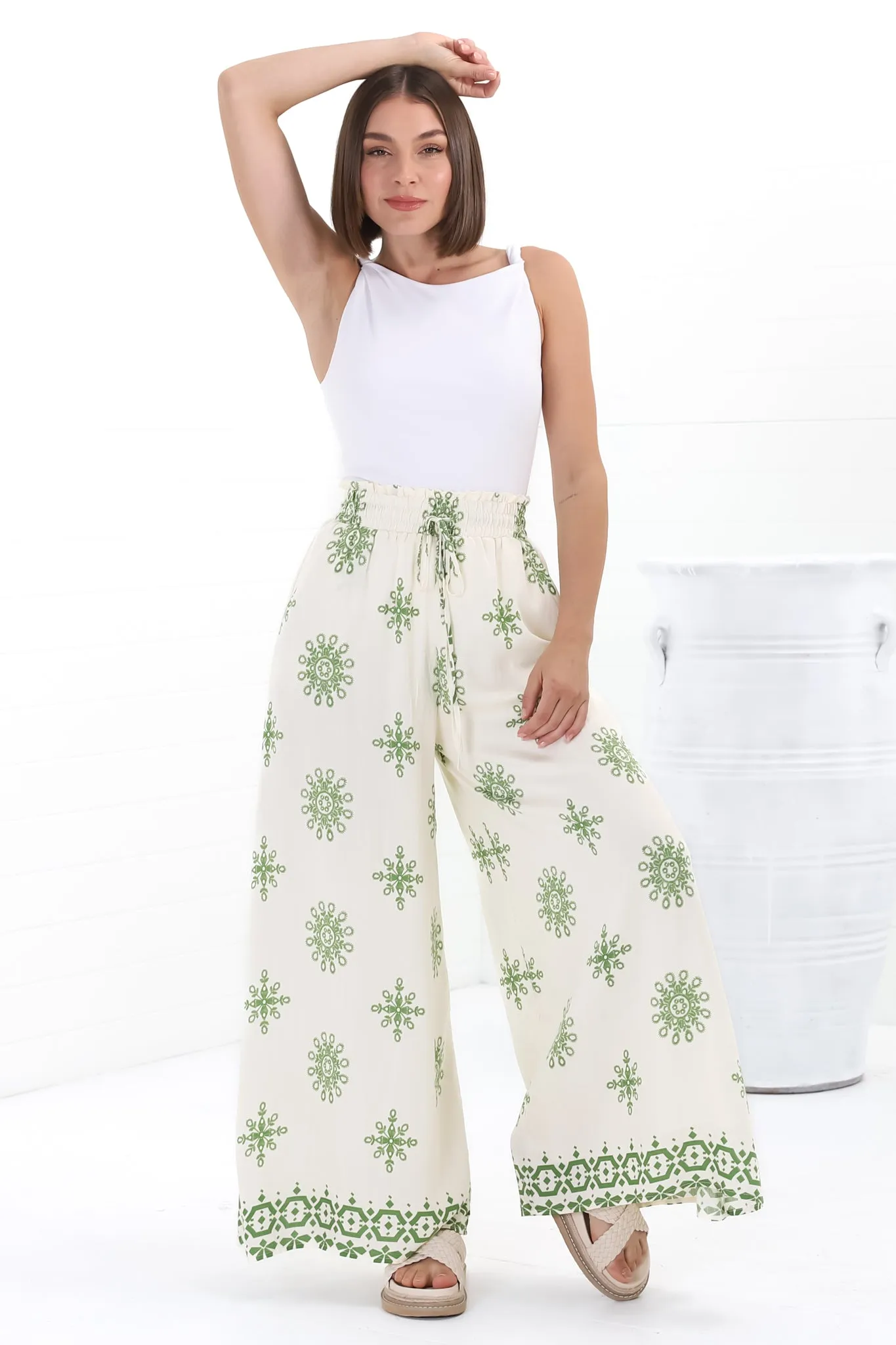 Velman Pants - High Waisted Wide Leg Pants in Capra Print Green sold by Salty Crush product image thumbnail 2