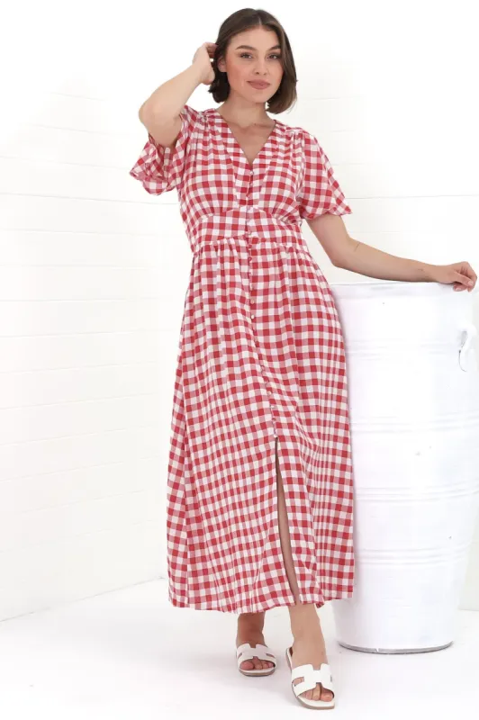 Hani Maxi Dress - Button Down A-Line Dress with Cap Flutter Sleeves in Wila Print Red sold by Salty Crush