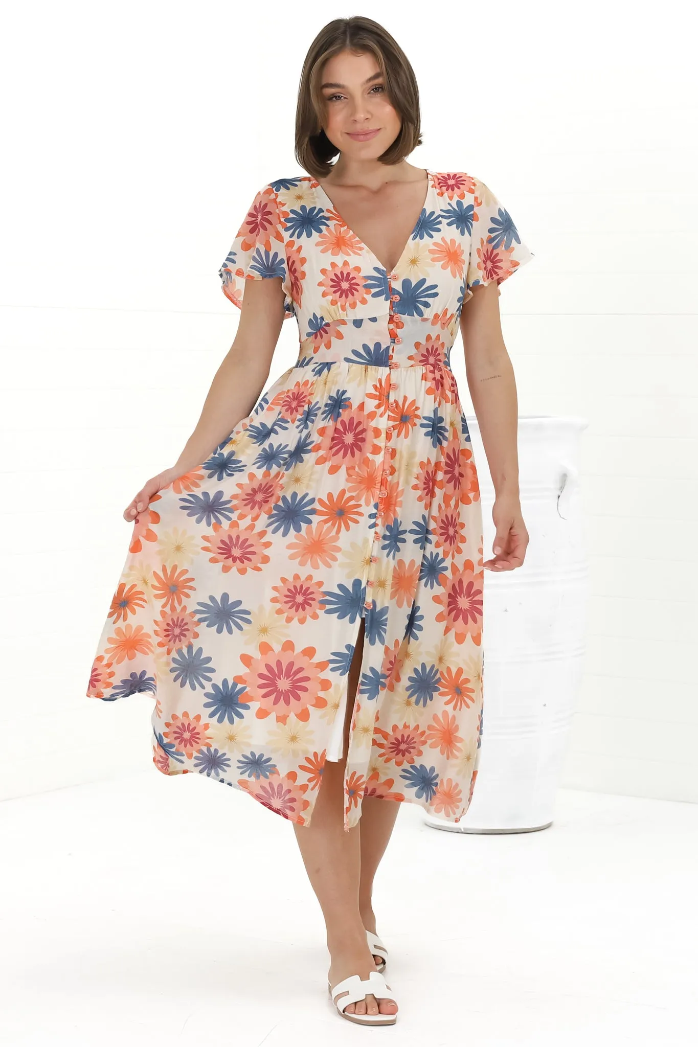 Aurelia Midi Dress - V Neckline Cap Sleeve Button Down A Line Dress in Mariela Print sold by Salty Crush product image thumbnail 2