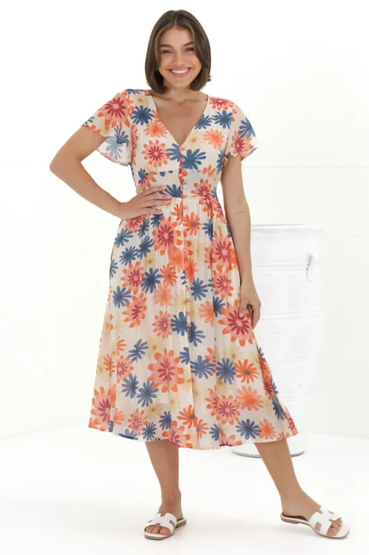 Aurelia Midi Dress - V Neckline Cap Sleeve Button Down A Line Dress in Mariela Print sold by Salty Crush