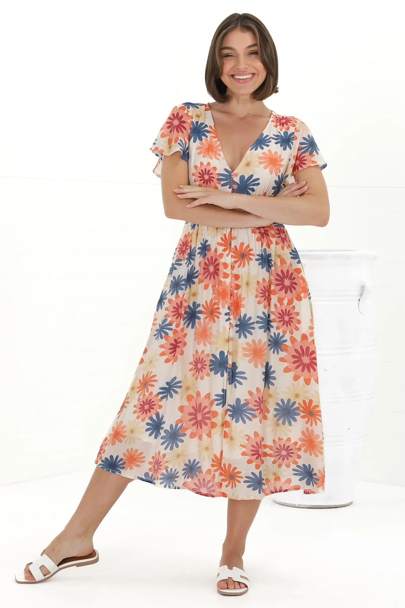 Aurelia Midi Dress - V Neckline Cap Sleeve Button Down A Line Dress in Mariela Print sold by Salty Crush product image thumbnail 5