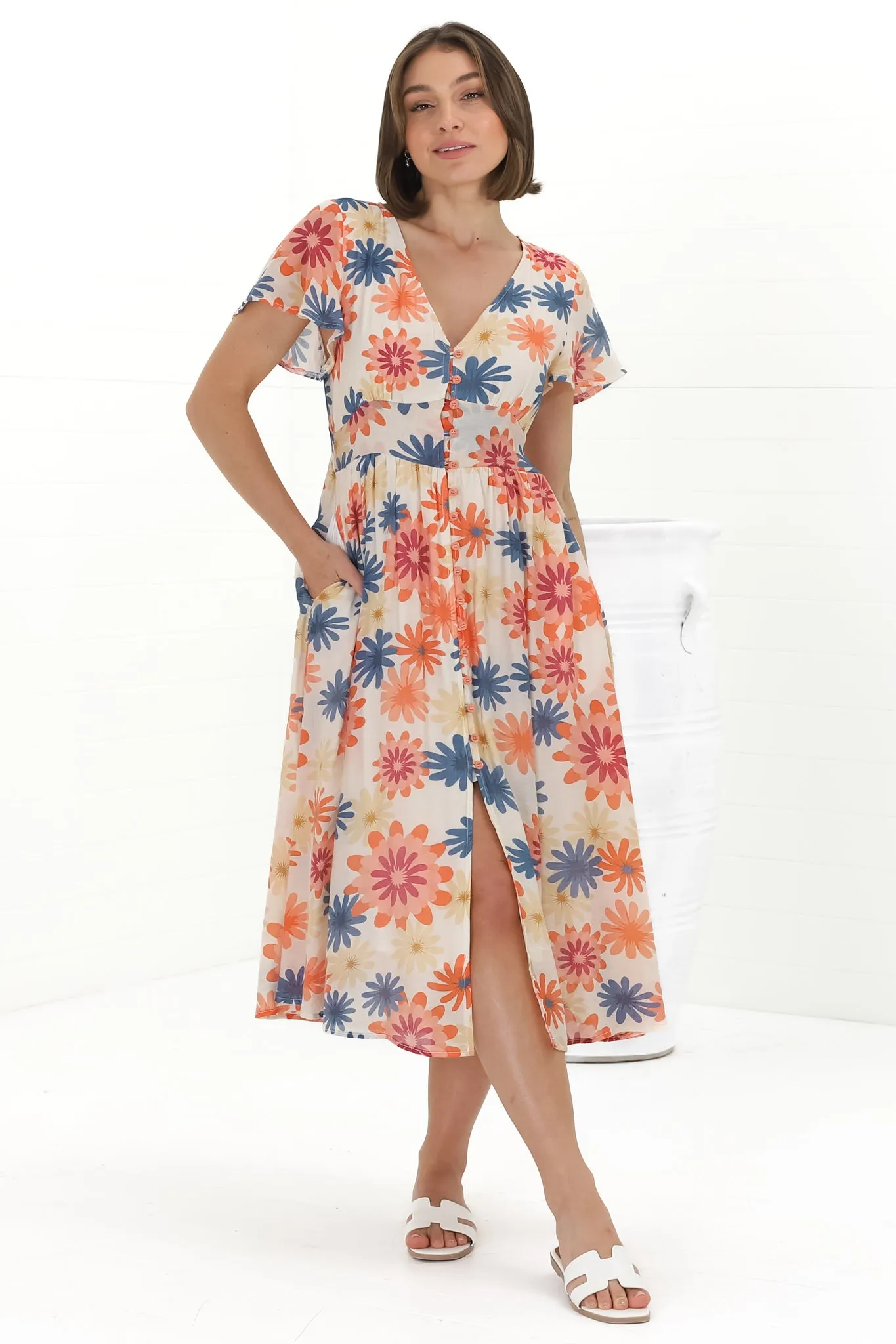 Aurelia Midi Dress - V Neckline Cap Sleeve Button Down A Line Dress in Mariela Print sold by Salty Crush product image thumbnail 4