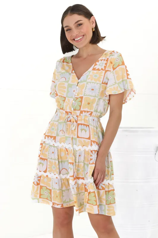Anica Mini Dress - A Line Tie Waist Dress with Rick Rack Splicing in Nissa Print Yellow sold by Salty Crush