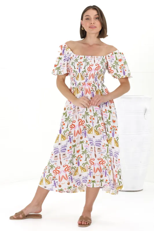 Shira Midi Dress - On Or Off Shoulder Elasticated Bodice Dress With Short Balloon Sleeves In Ayla Print White sold by Salty Crush