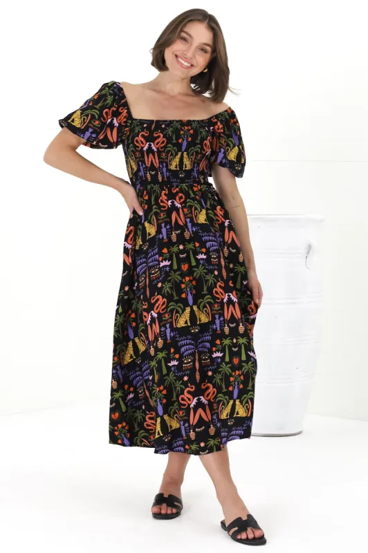 Shira Midi Dress - On Or Off Shoulder Elasticated Bodice Dress With Short Balloon Sleeves In Ayla Print Black sold by Salty Crush